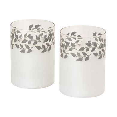 LumaBase Silver Wreath Battery Operated Wax Candles in Glass Holders with Moving Flame 2-piece Set
