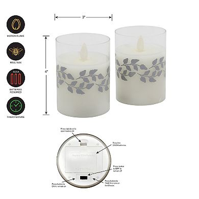 LumaBase Silver Wreath Battery Operated Wax Candles in Glass Holders with Moving Flame 2-piece Set