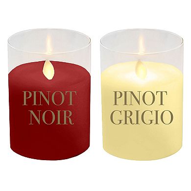 LumaBase Wine Names Battery Operated Wax Candles in Glass Holders with Moving Flame 2-piece Set