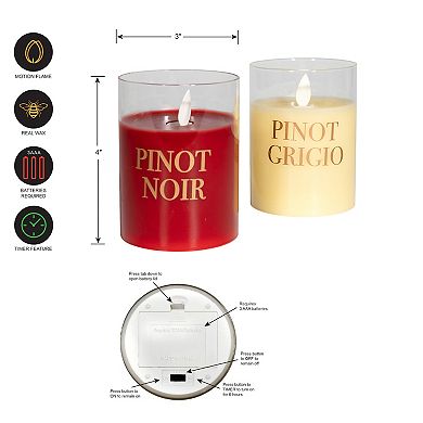 LumaBase Wine Names Battery Operated Wax Candles in Glass Holders with Moving Flame 2-piece Set