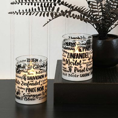 LumaBase Wine Names Battery Operated Wax Candles in Glass Holders with Moving Flame 2-piece Set