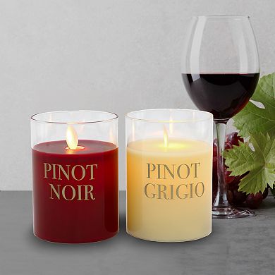 LumaBase Wine Names Battery Operated Wax Candles in Glass Holders with Moving Flame 2-piece Set