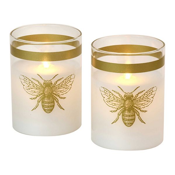 LumaBase Battery Operated LED Glass Candles with Natural Moving Flame, Gold Honeybee - Set of 2