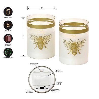 LumaBase Honey Bee Battery Operated LED Glass Candles with Bullet Flame, Set of 2