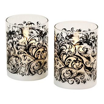 LumaBase Baroque Black Swirl Battery Operated Wax Candles in Glass Holders with Moving Flame 2 pc Set