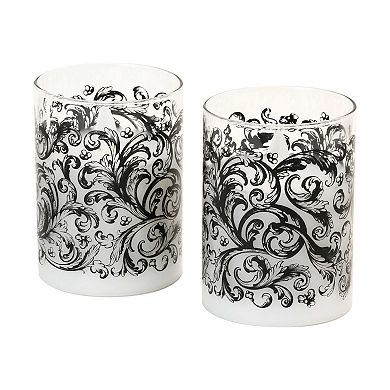 LumaBase Baroque Black Swirl Battery Operated Wax Candles in Glass Holders with Moving Flame 2-piece Set