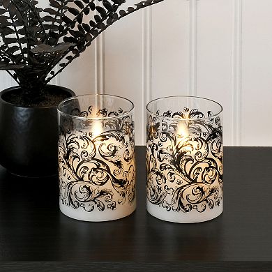 LumaBase Baroque Black Swirl Battery Operated Wax Candles in Glass Holders with Moving Flame 2-piece Set