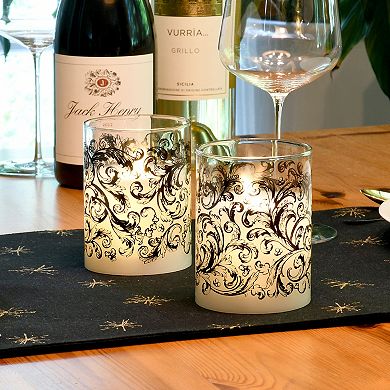 LumaBase Baroque Black Swirl Battery Operated Wax Candles in Glass Holders with Moving Flame 2-piece Set