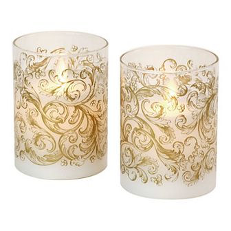 LumaBase Baroque Gold Swirl Battery Operated Wax Candles in Glass Holders with Moving Flame 2 pc Set