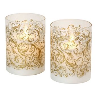 LumaBase Baroque Gold Swirl Battery Operated Wax Candles in Glass Holders with Moving Flame 2 pc Set