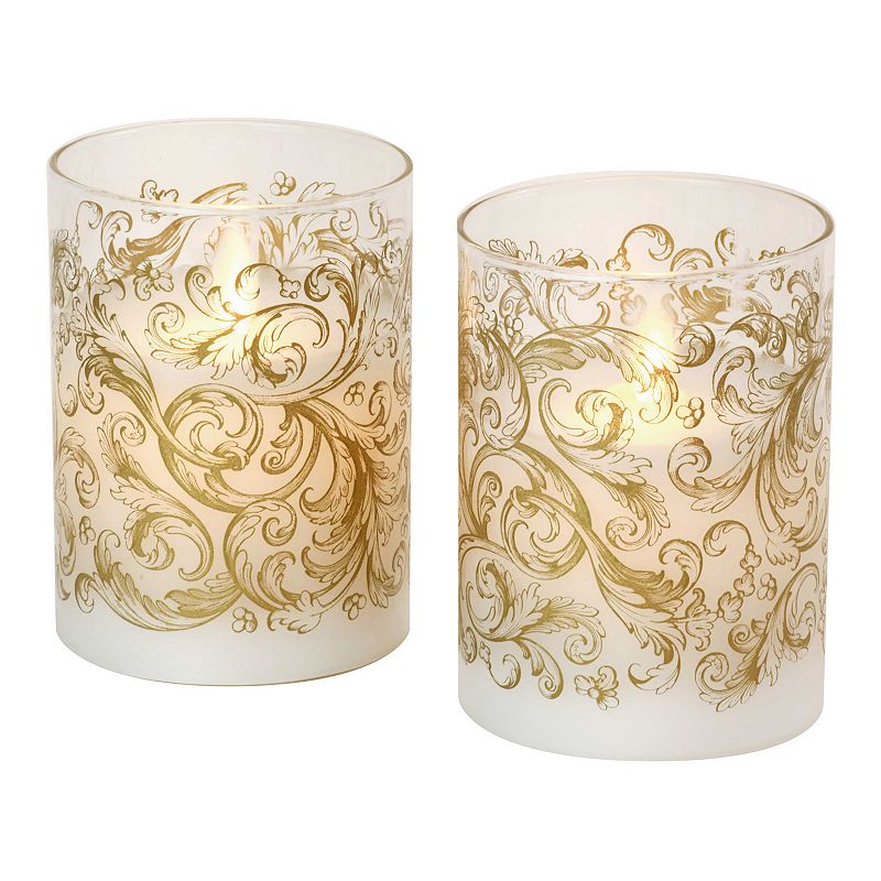 LumaBase Baroque Gold Swirl Battery Operated Wax Candles in Glass Holders w