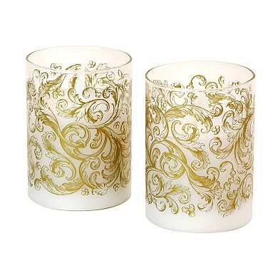 LumaBase Baroque Gold Swirl Battery Operated Wax Candles in Glass Holders with Moving Flame 2-piece Set