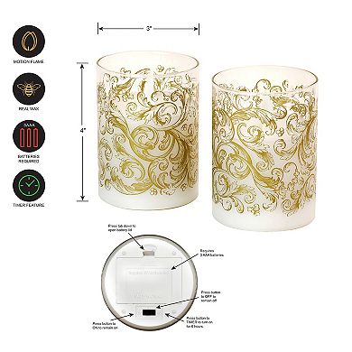 LumaBase Baroque Gold Swirl Battery Operated Wax Candles in Glass Holders with Moving Flame 2-piece Set