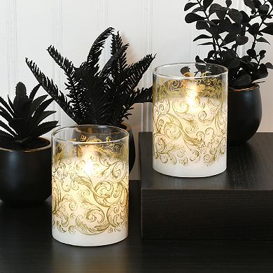 LumaBase Baroque Gold Swirl Battery Operated Wax Candles in Glass Holders with Moving Flame 2-piece Set