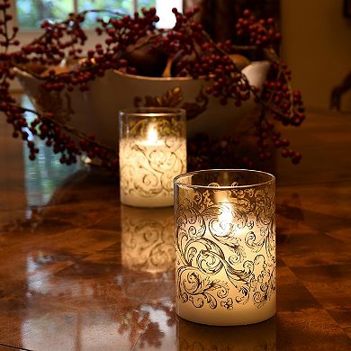 LumaBase Baroque Gold Swirl Battery Operated Wax Candles in Glass Holders with Moving Flame 2-piece Set