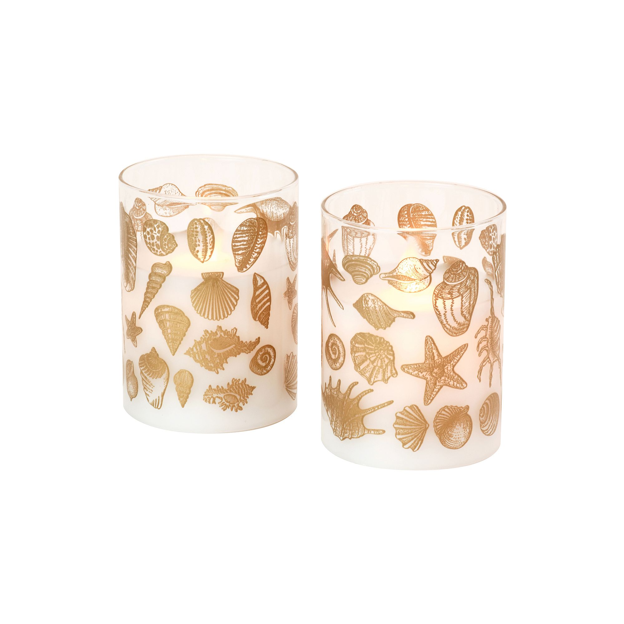 LumaBase Seashells Battery Operated Wax Candles in Glass Holders with Movin