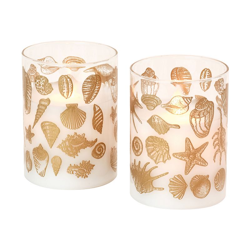 LumaBase Seashells Battery Operated Wax Candles in Glass Holders with Movin
