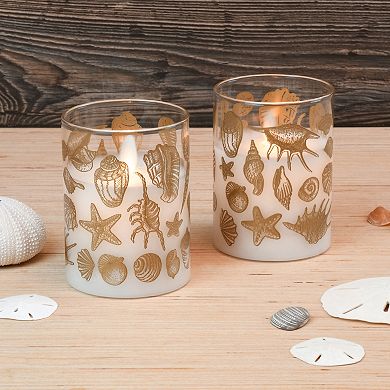 LumaBase Seashells Battery Operated Wax Candles in Glass Holders with Moving Flame 2-piece Set