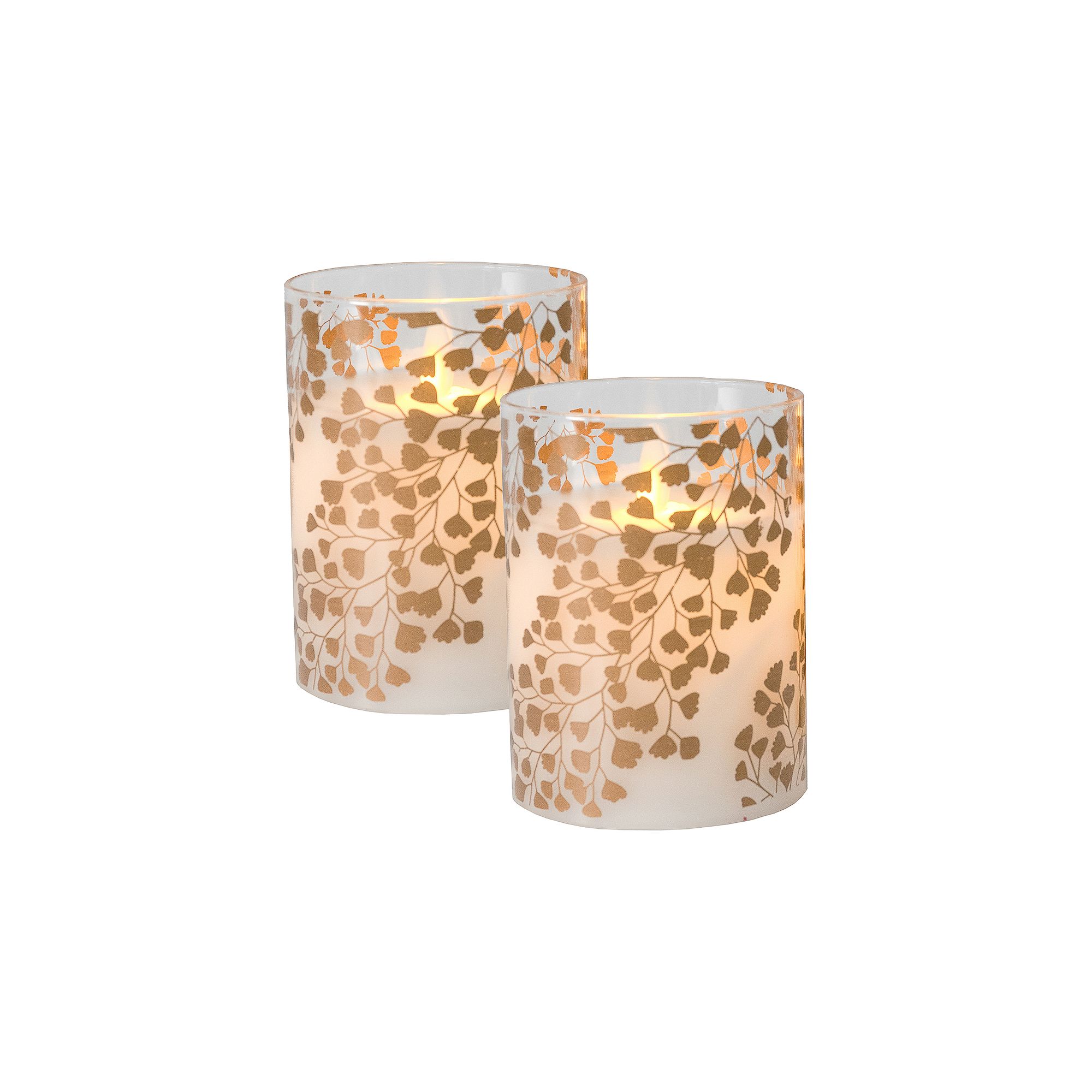 LumaBase Gold Maidenhair Fern Battery Operated Wax Candles in Glass Holders