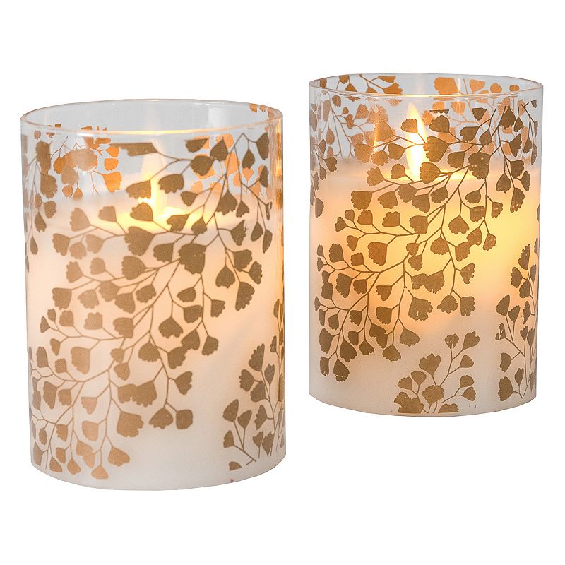 LumaBase Gold Maidenhair Fern Battery Operated Wax Candles in Glass Holders