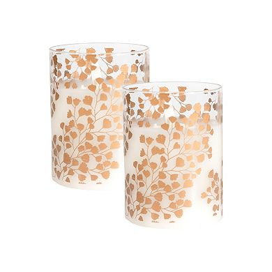 LumaBase Gold Maidenhair Fern Battery Operated Wax Candles in Glass Holders with Moving Flame 2-piece Set