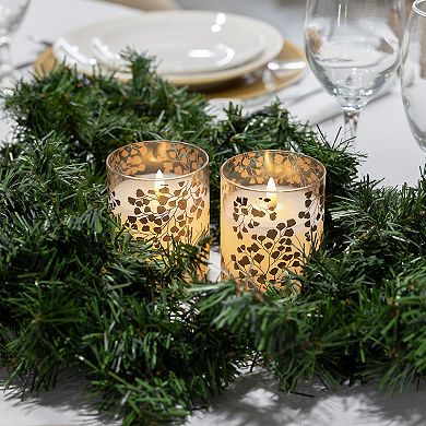 LumaBase Gold Maidenhair Fern Battery Operated Wax Candles in Glass Holders with Moving Flame 2-piece Set