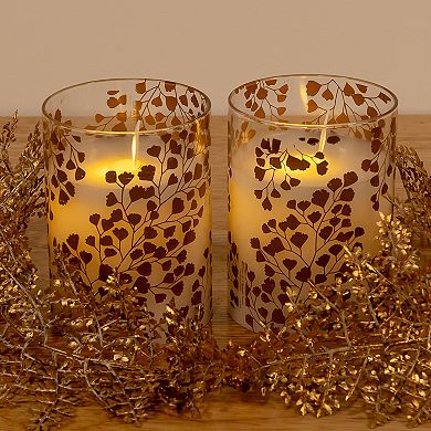 LumaBase Gold Maidenhair Fern Battery Operated Wax Candles in Glass Holders with Moving Flame 2-piece Set