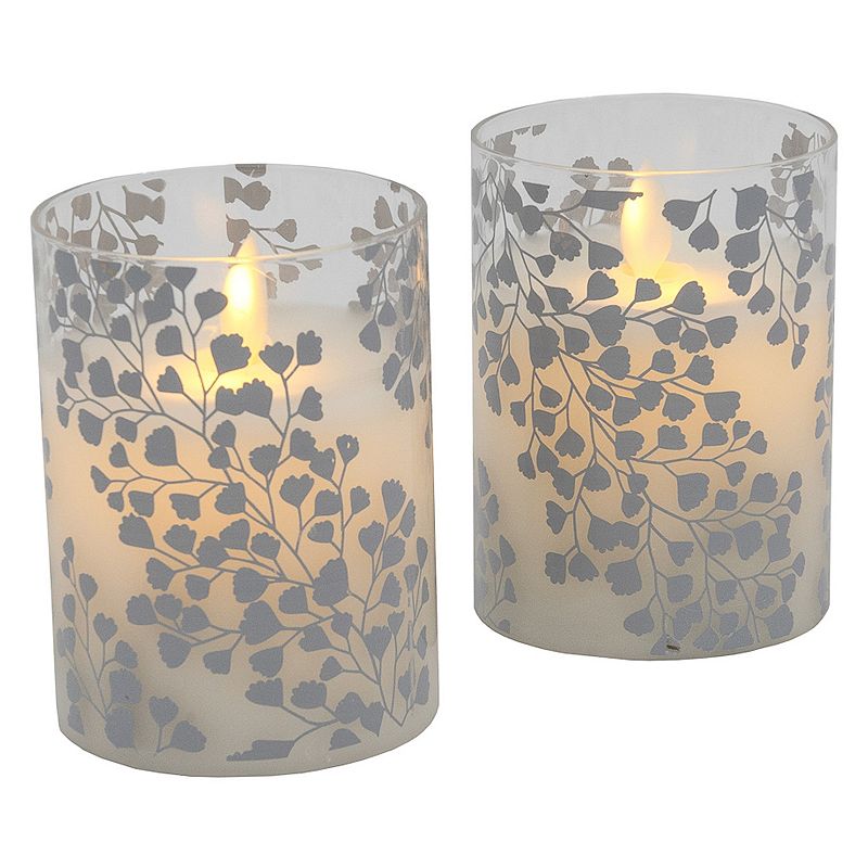 LumaBase Silver Maidenhair Fern Battery Operated Wax Candles in Glass Holde