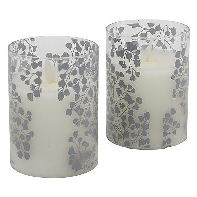 LumaBase Silver Maidenhair Fern Battery Operated Wax Candles in Glass Holders with Moving Flame 2-piece Set