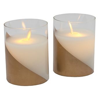 LumaBase Wraparound Gold Battery Operated Wax Candles in Glass Holders with Moving Flame 2 pc Set