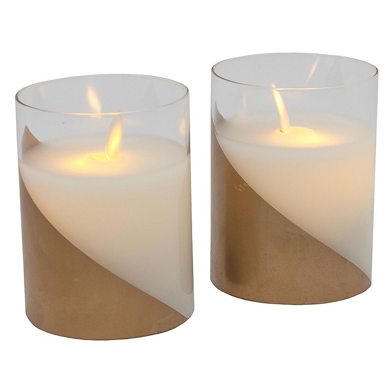 LumaBase Wraparound Gold Battery Operated Wax Candles in Glass Holders with