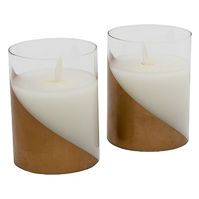 LumaBase Wraparound Gold Battery Operated Wax Candles in Glass Holders with Moving Flame 2-piece Set