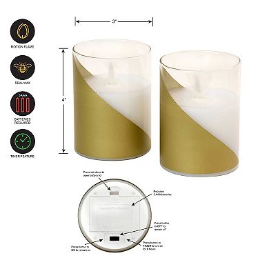 LumaBase Wraparound Gold Battery Operated Wax Candles in Glass Holders with Moving Flame 2-piece Set