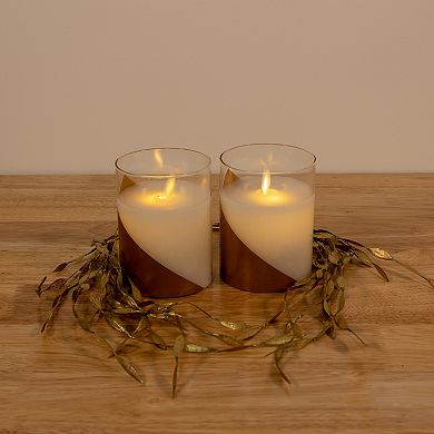 LumaBase Wraparound Gold Battery Operated Wax Candles in Glass Holders with Moving Flame 2-piece Set