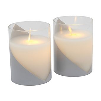 LumaBase Wraparound Silver Battery Operated Wax Candles in Glass Holders with Moving Flame 2 pc Set