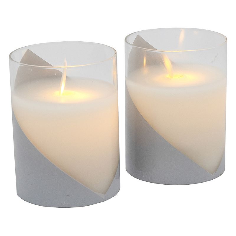 LumaBase Wraparound Silver Battery Operated Wax Candles in Glass Holders wi