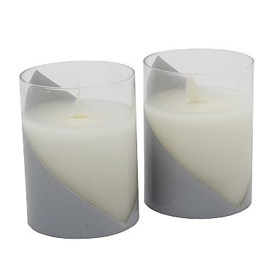 LumaBase Wraparound Silver Battery Operated Wax Candles in Glass Holders with Moving Flame 2-piece Set