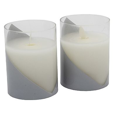 LumaBase Wraparound Silver Battery Operated Wax Candles in Glass Holders with Moving Flame 2-piece Set