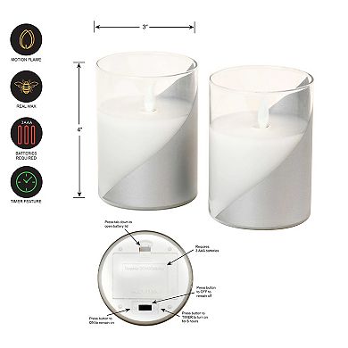 LumaBase Wraparound Silver Battery Operated Wax Candles in Glass Holders with Moving Flame 2-piece Set
