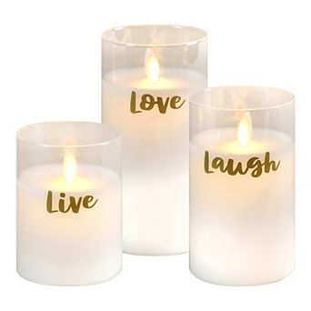 LumaBase Live Laugh Love Battery Operated Glass LED Candles with Moving Flame 3 pc Set