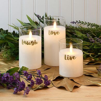 LumaBase Live Laugh Love Battery Operated Glass LED Candles with Moving Flame 3-piece Set