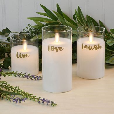 LumaBase Live Laugh Love Battery Operated Glass LED Candles with Moving Flame 3-piece Set