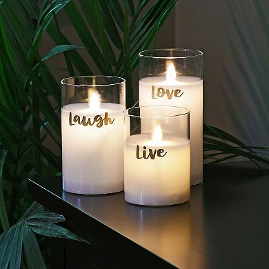 LumaBase Live Laugh Love Battery Operated Glass LED Candles with Moving Flame 3-piece Set