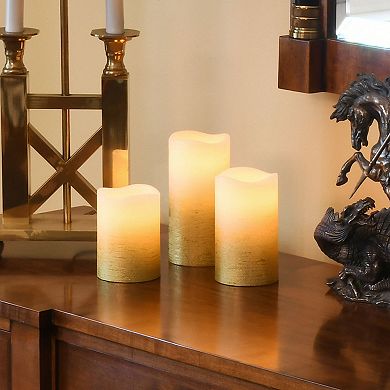 LumaBase Gold and White Battery Operated LED Wax Pillar Candles 3-piece Set