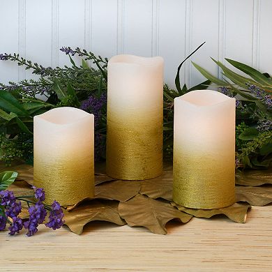LumaBase Gold and White Battery Operated LED Wax Pillar Candles 3-piece Set