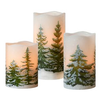LumaBase Green Pines Battery Operated LED Wax Pillar Candles 3 pc Set