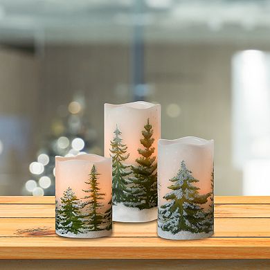 LumaBase Green Pines Battery Operated LED Wax Pillar Candles 3-piece Set