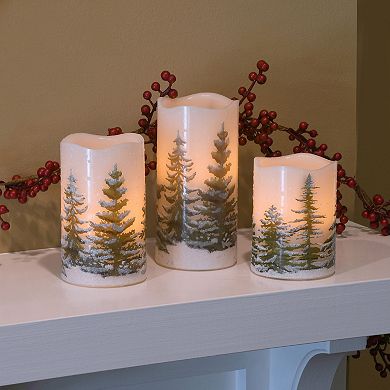 LumaBase Green Pines Battery Operated LED Wax Pillar Candles 3-piece Set