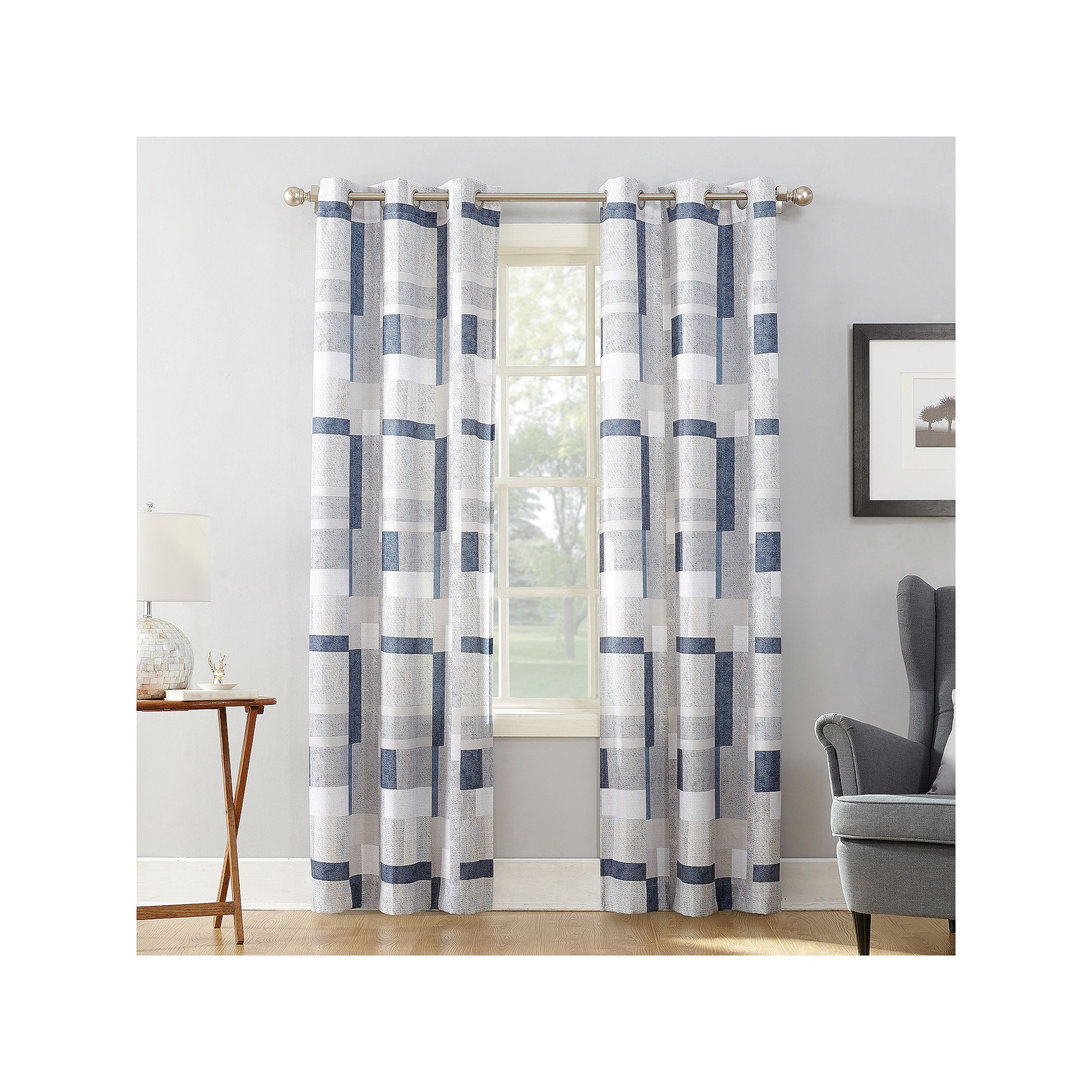No. 918 Sora Print Textured Semi-Sheer Grommet Single Curtain Panel, Blue G