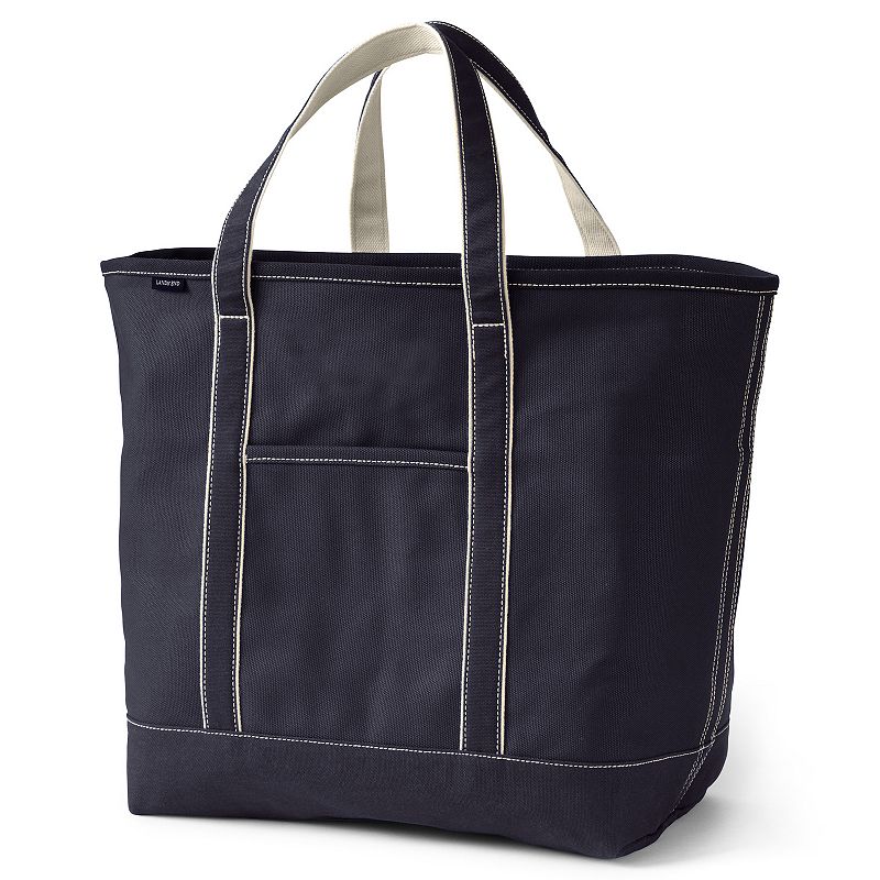 Lands' End Large Natural 5 Pocket Zip Top Long Handle Canvas Tote Bag - -  Natural/True Navy